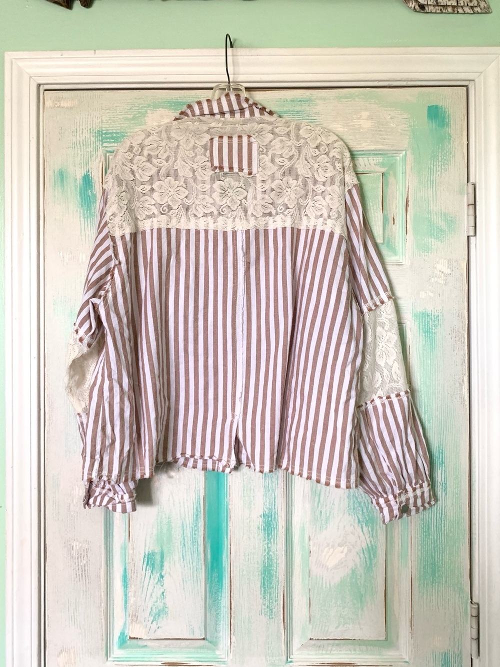 POL Beige/Cream Striped Floral & Lace Pieced Button Up Blouse L - Picture 6 of 7